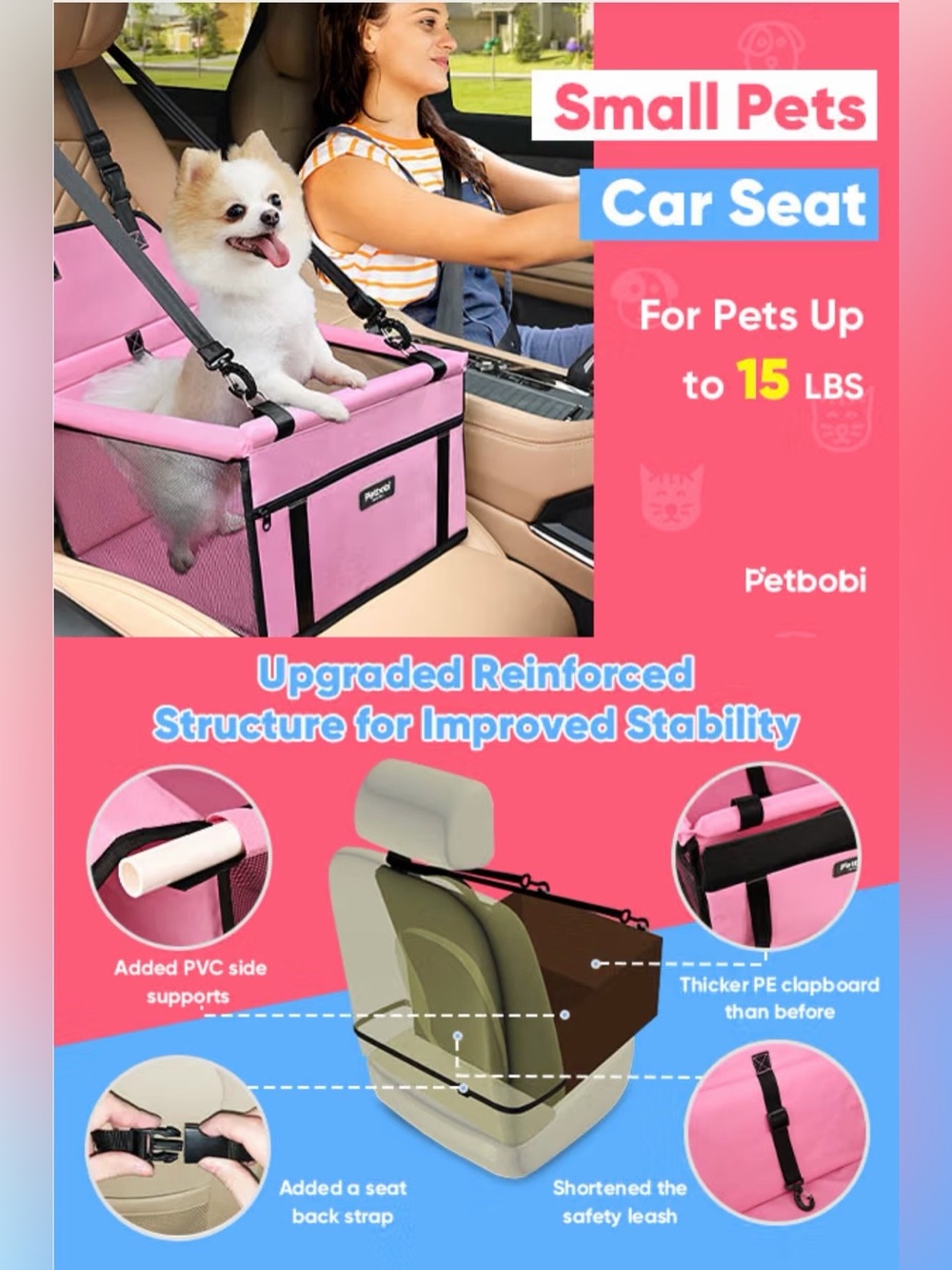 Pink Petbobi Pet Booster Car Seat for Pets Up To 15lbs - Picture 10 of 16